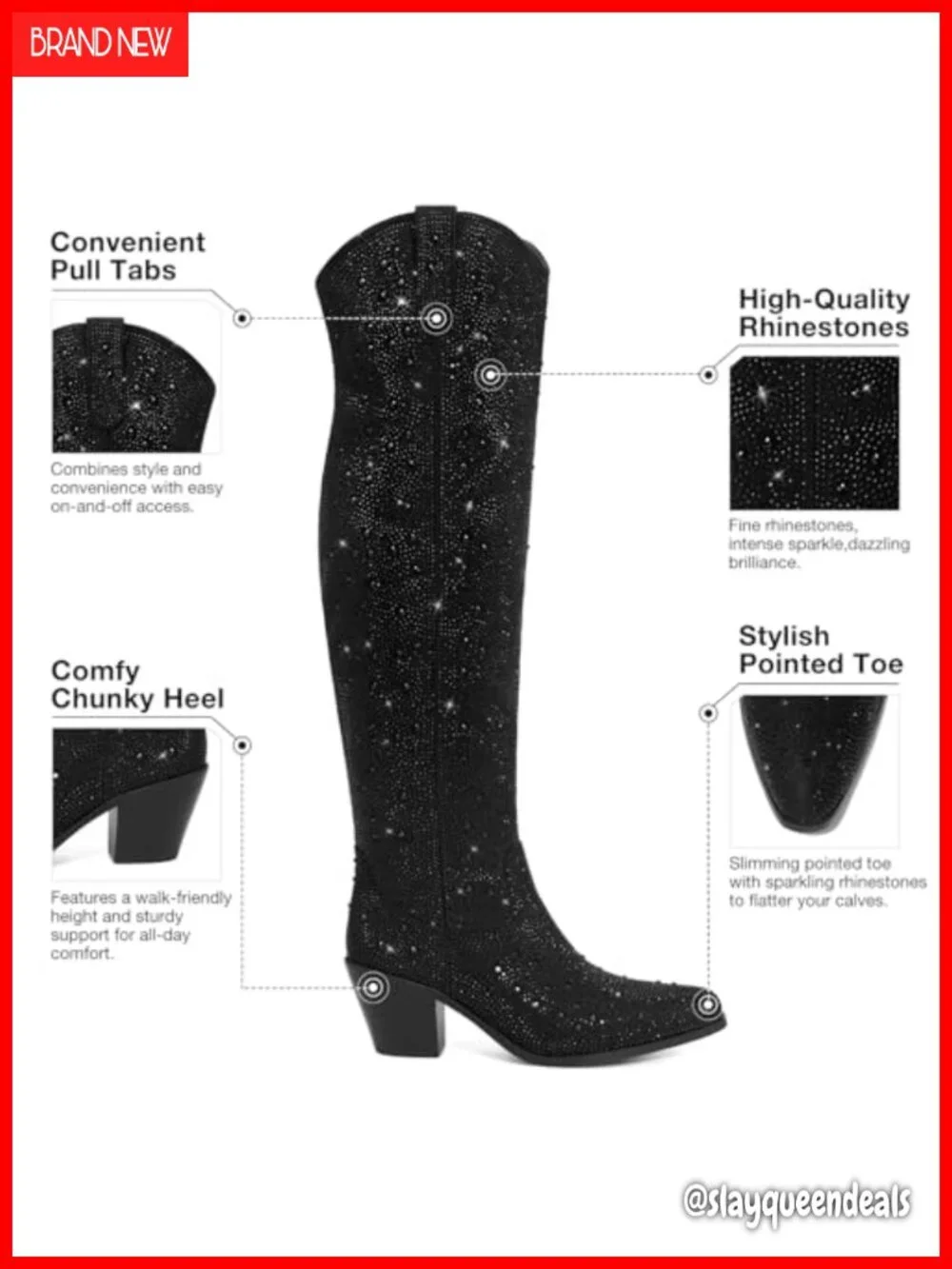 Rhinestone Over the Knee Cowboy Boots Pointed Toe Block Heel